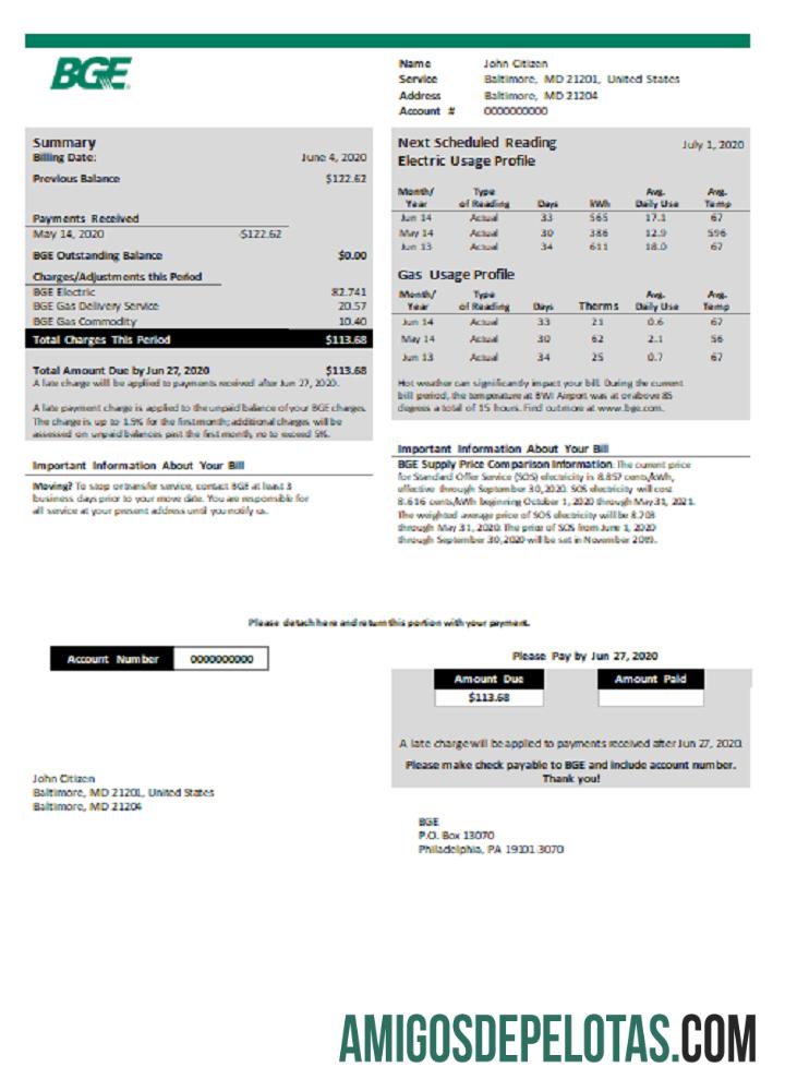 Conta de serviços públicos de gás e eletricidade BGE dos EUA exemplo
